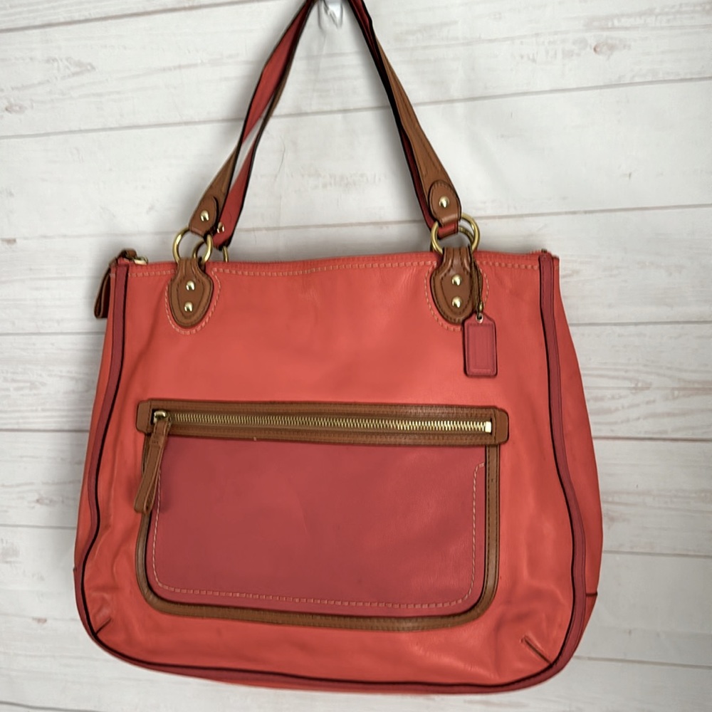 COACH East West 22430 Poppy Colorblock Hattie Sun Orange Leather Tote Flaws - Picture 3 of 10